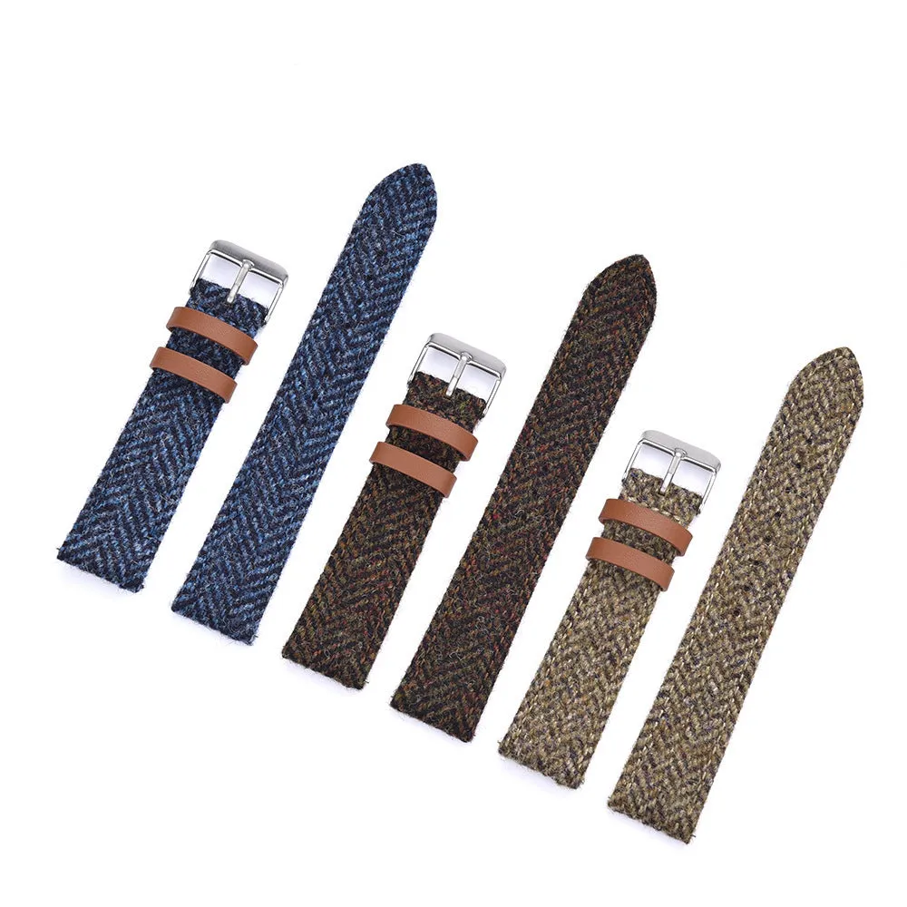 Harris woolen fabric watch strap in khaki with leather lining and stainless steel buckle, 20mm width