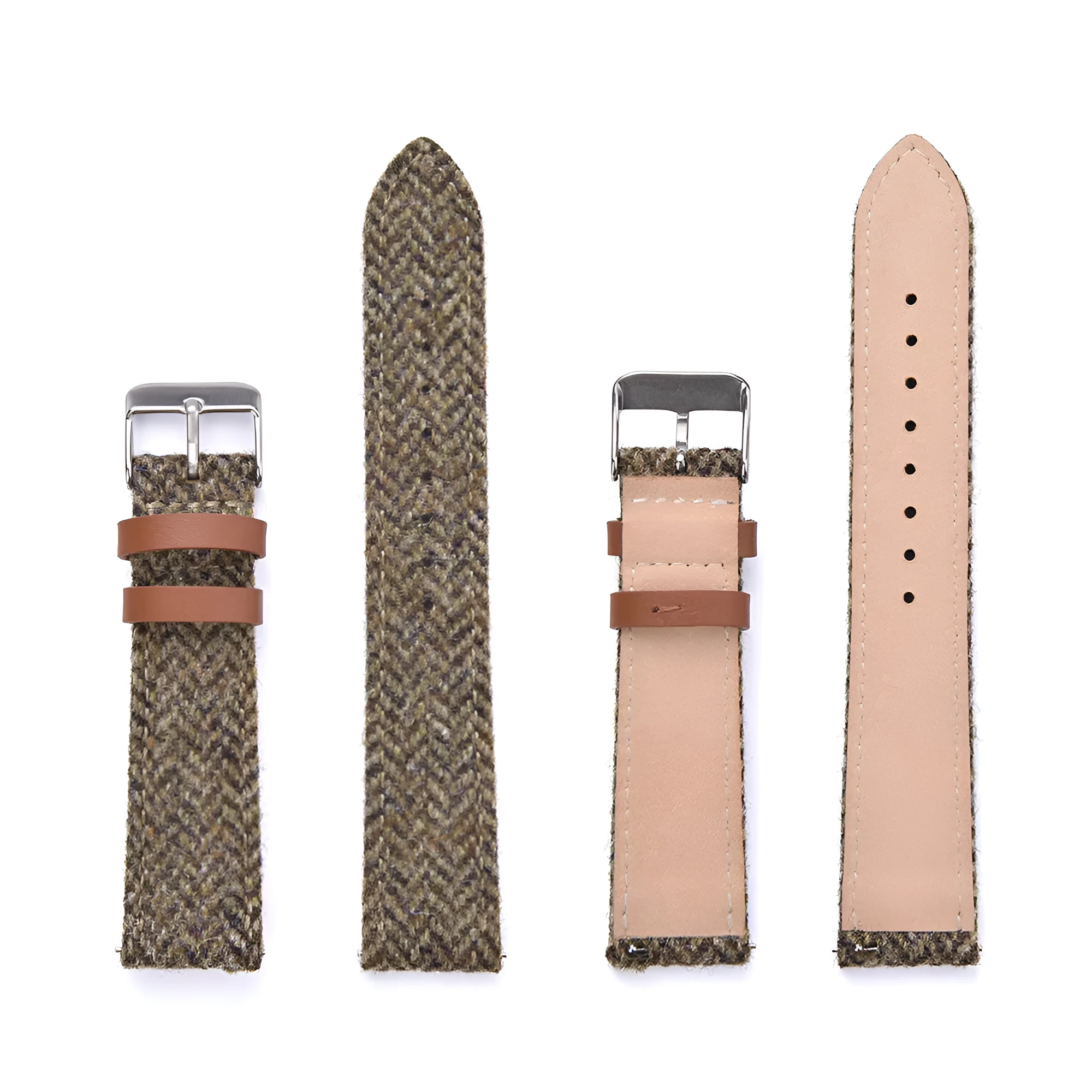 Harris woolen fabric watch strap in khaki with leather lining and stainless steel buckle, 20mm width