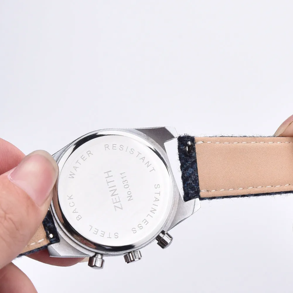 Harris woolen fabric watch strap in khaki with leather lining and stainless steel buckle, 20mm width