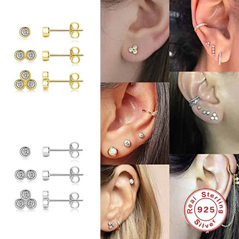 S925 sterling silver single diamond stud earrings, yellow gold and white gold colour options, round geometric shape