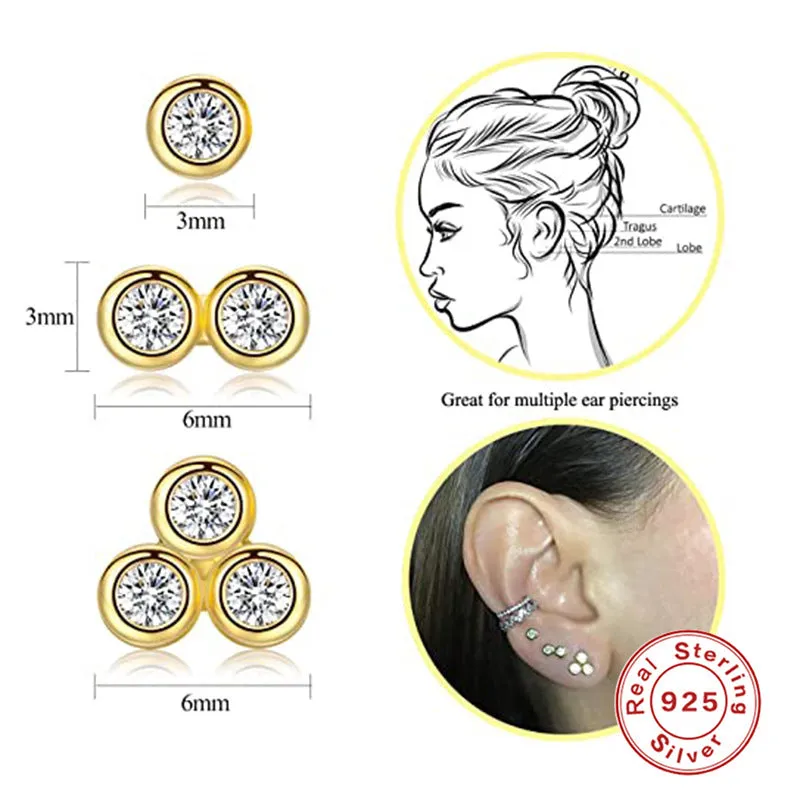 S925 sterling silver single diamond stud earrings, yellow gold and white gold colour options, round geometric shape