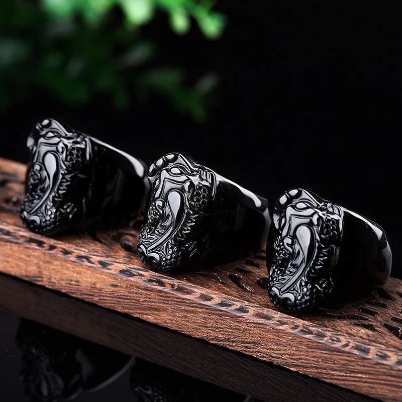 Men's obsidian Pixiu thumb ring with natural gold sheen crystal carving on alloy band
