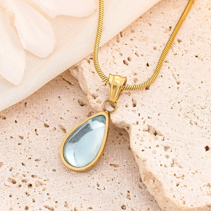 Sky blue titanium steel water drop pendant necklace on adjustable O-ring chain for women