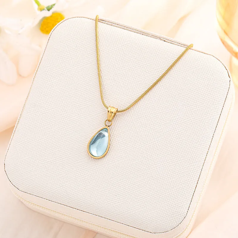 Sky blue titanium steel water drop pendant necklace on adjustable O-ring chain for women