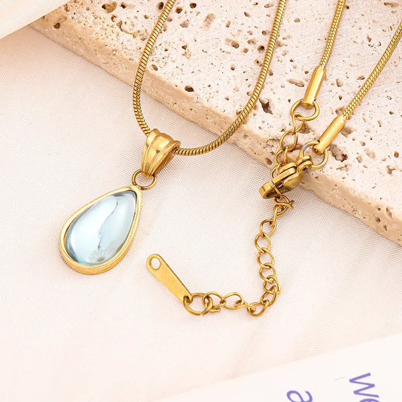 Sky blue titanium steel water drop pendant necklace on adjustable O-ring chain for women