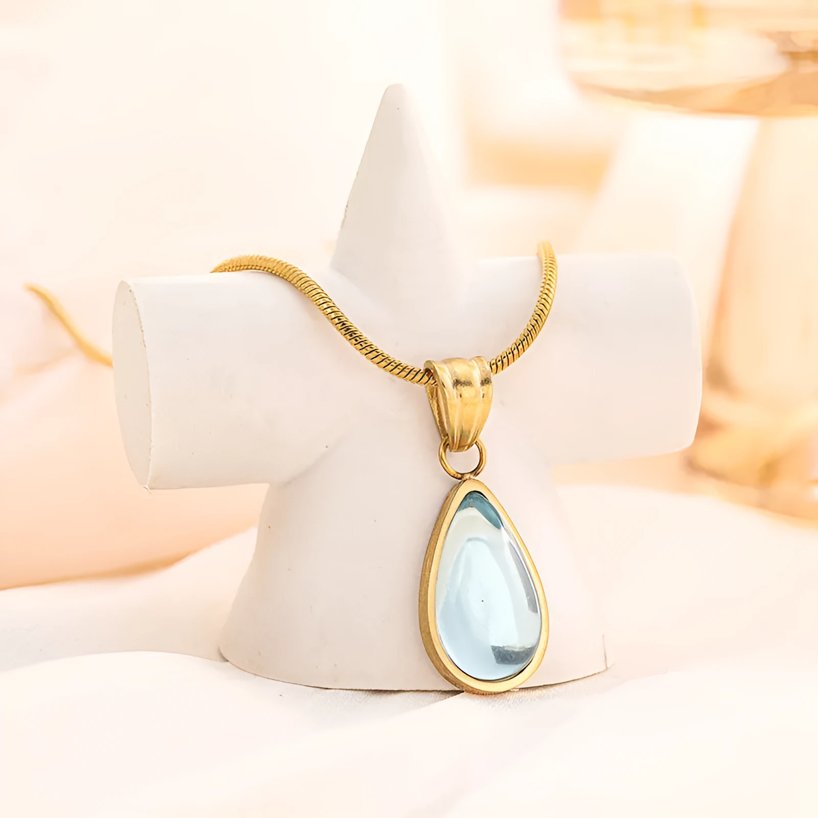 Sky blue titanium steel water drop pendant necklace on adjustable O-ring chain for women