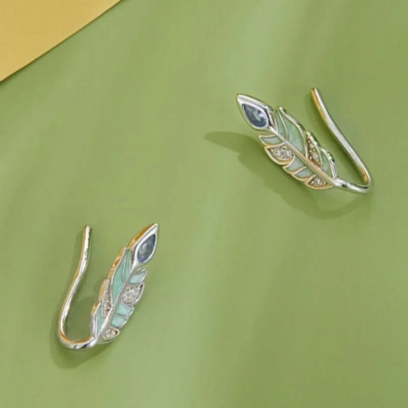 Mori Style feather stud earrings in S925 sterling silver with white gold plating, 12mm by 6mm, natural style for women