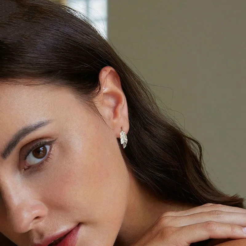 Mori Style feather stud earrings in S925 sterling silver with white gold plating, 12mm by 6mm, natural style for women