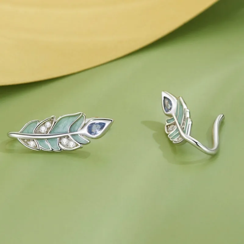 Mori Style feather stud earrings in S925 sterling silver with white gold plating, 12mm by 6mm, natural style for women