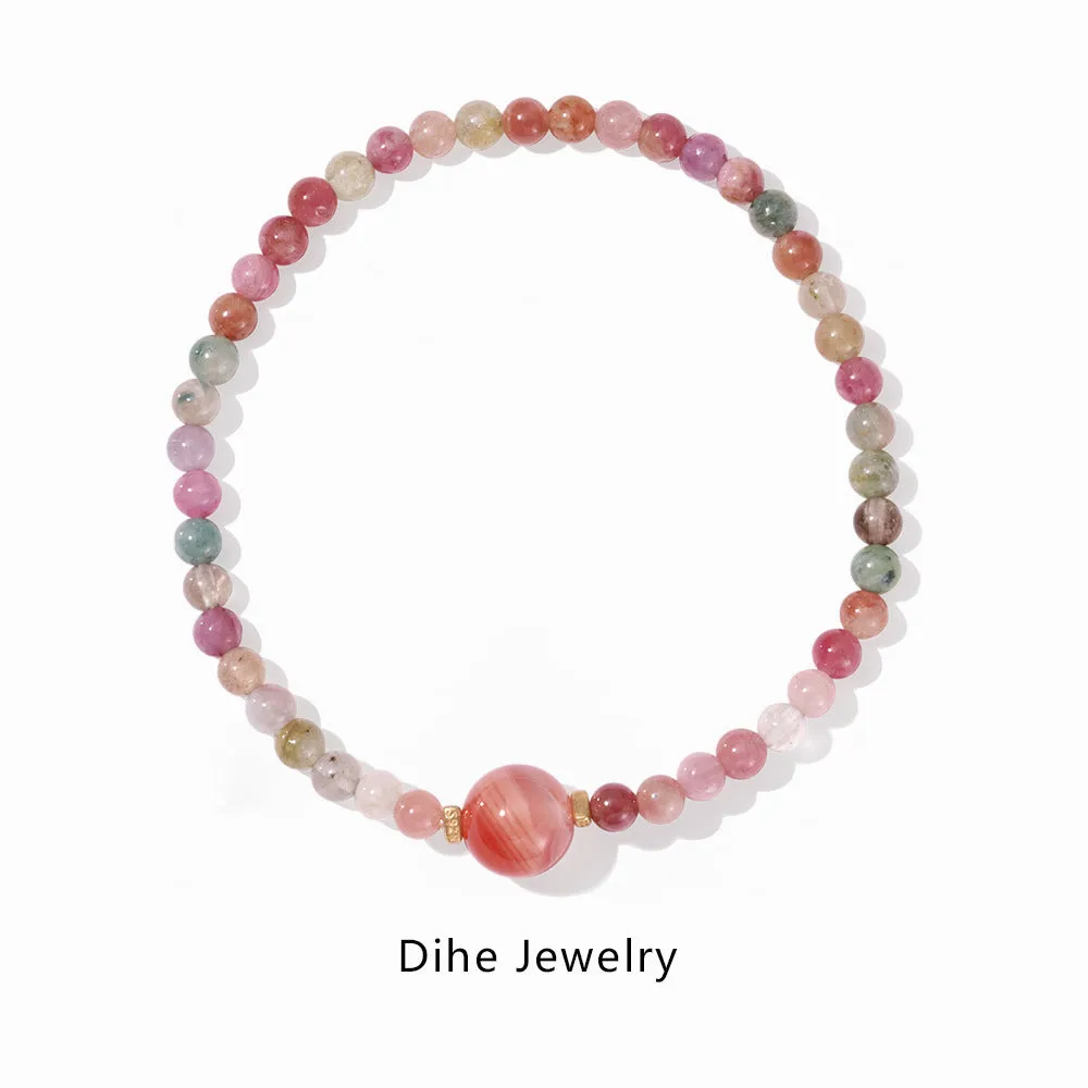 S925 sterling silver bracelet for women with natural tourmaline agate gold geometric round design