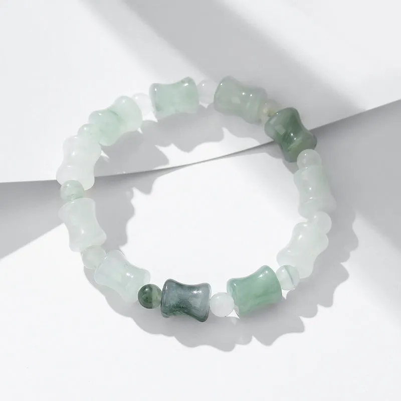 Natural chalcedony beaded bracelet with safety lock closure and diamond-shaped jade beads on elastic string