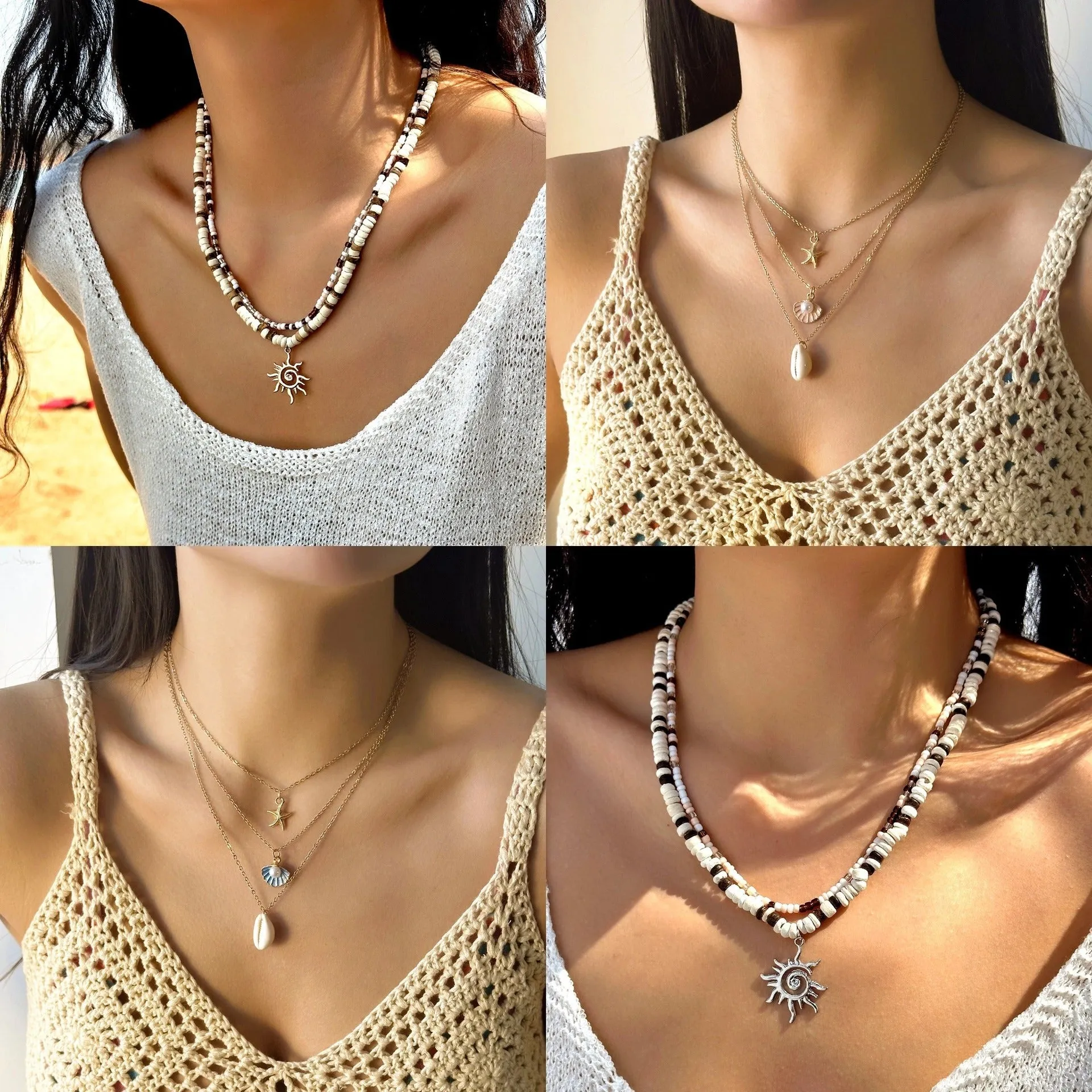 Beach style starfish shell pendant necklace with pink shell colour and wooden bead alloy chain for women
