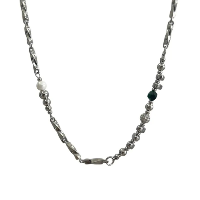 Polished stainless steel necklace in broken silver with adjustable chain, cold wind style, unisex design