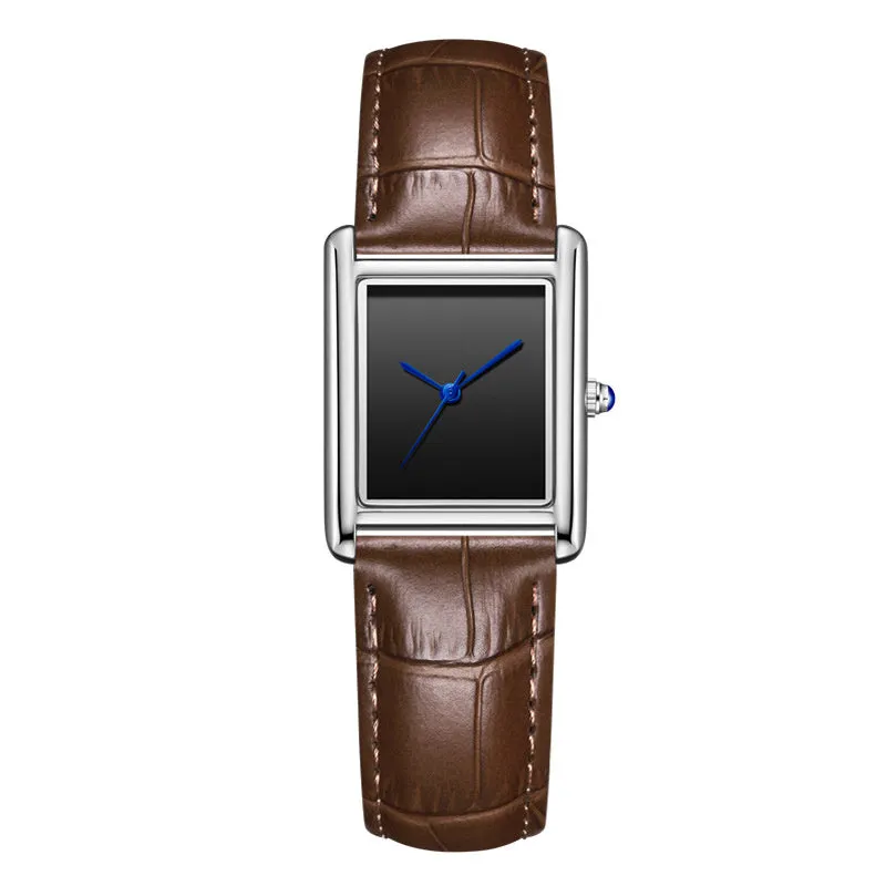 Couple leather watch with square dial, 7mm thickness, waterproof, in gold and black colour option on a white background