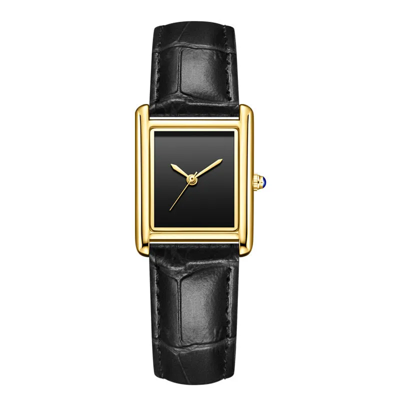 Couple leather watch with square dial, 7mm thickness, waterproof, in gold and black colour option on a white background