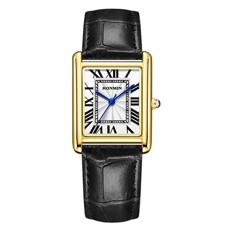 Couple leather watch with square dial, 7mm thickness, waterproof, in gold and black colour option on a white background