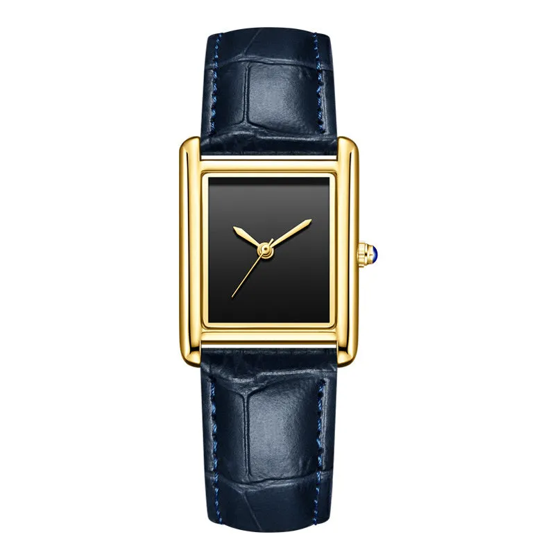 Couple leather watch with square dial, 7mm thickness, waterproof, in gold and black colour option on a white background