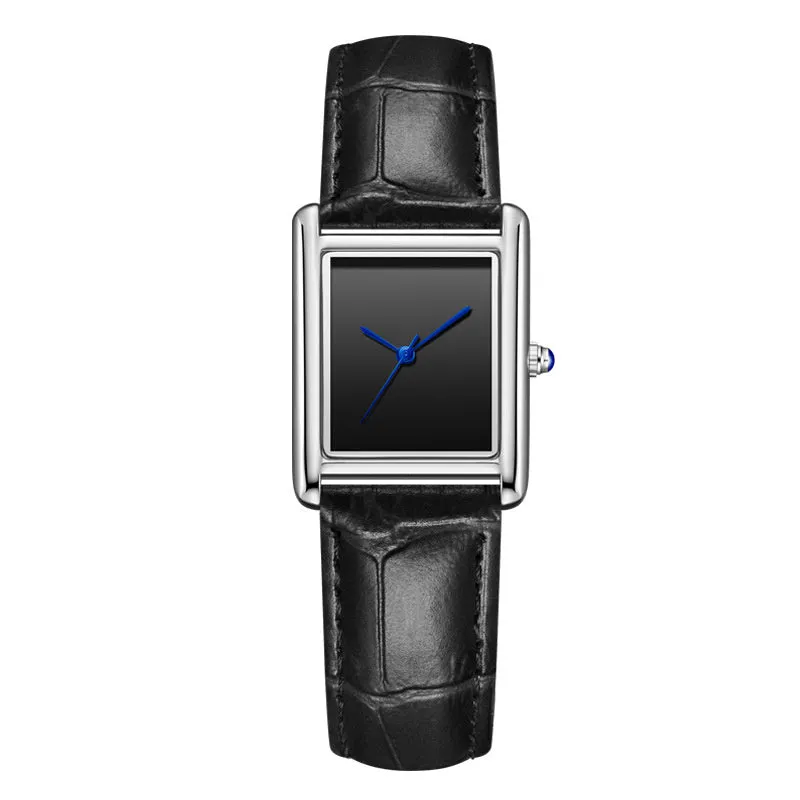 Couple leather watch with square dial, 7mm thickness, waterproof, in gold and black colour option on a white background