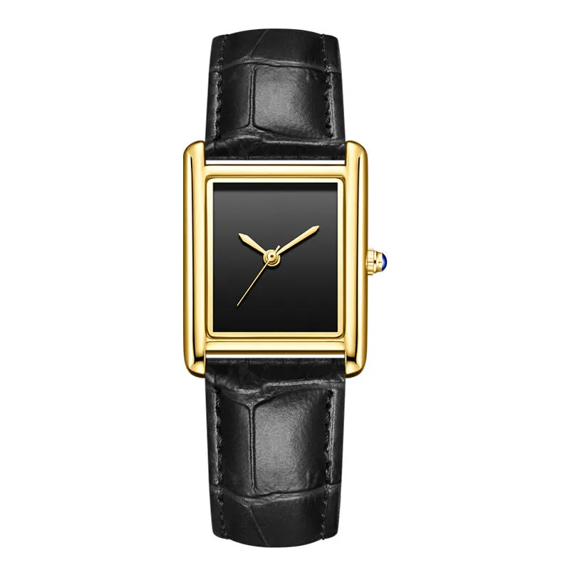 Couple leather watch with square dial, 7mm thickness, waterproof, in gold and black colour option on a white background