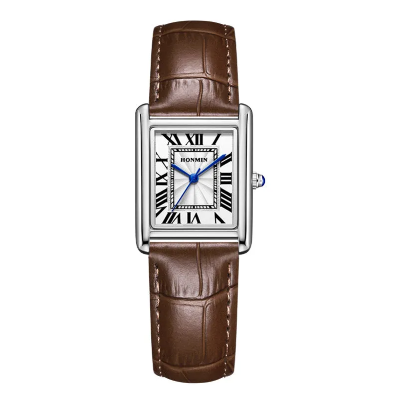 Couple leather watch with square dial, 7mm thickness, waterproof, in gold and black colour option on a white background