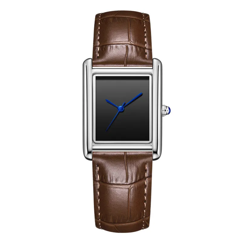 Couple leather watch with square dial, 7mm thickness, waterproof, in gold and black colour option on a white background