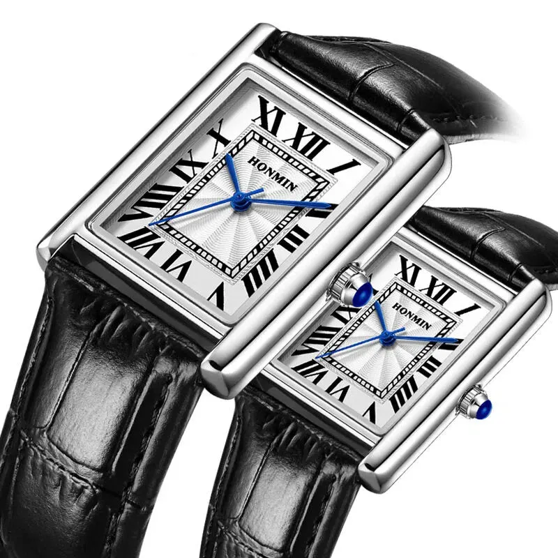 Couple leather watch with square dial, 7mm thickness, waterproof, in gold and black colour option on a white background