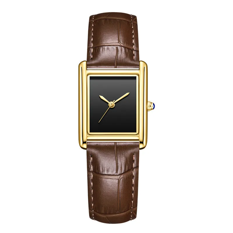 Couple leather watch with square dial, 7mm thickness, waterproof, in gold and black colour option on a white background