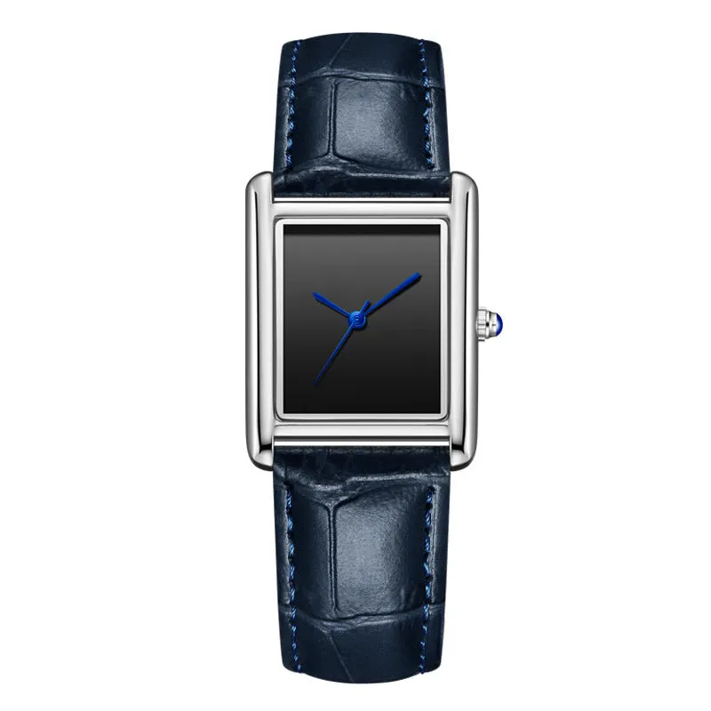 Couple leather watch with square dial, 7mm thickness, waterproof, in gold and black colour option on a white background