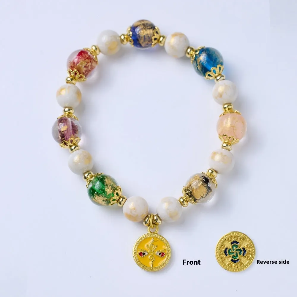 Handmade glazed bracelet with Five Gods of Wealth charm and 10mm geometric beads.