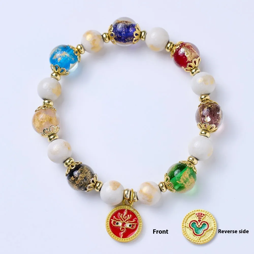 Handmade glazed bracelet with Five Gods of Wealth charm and 10mm geometric beads.