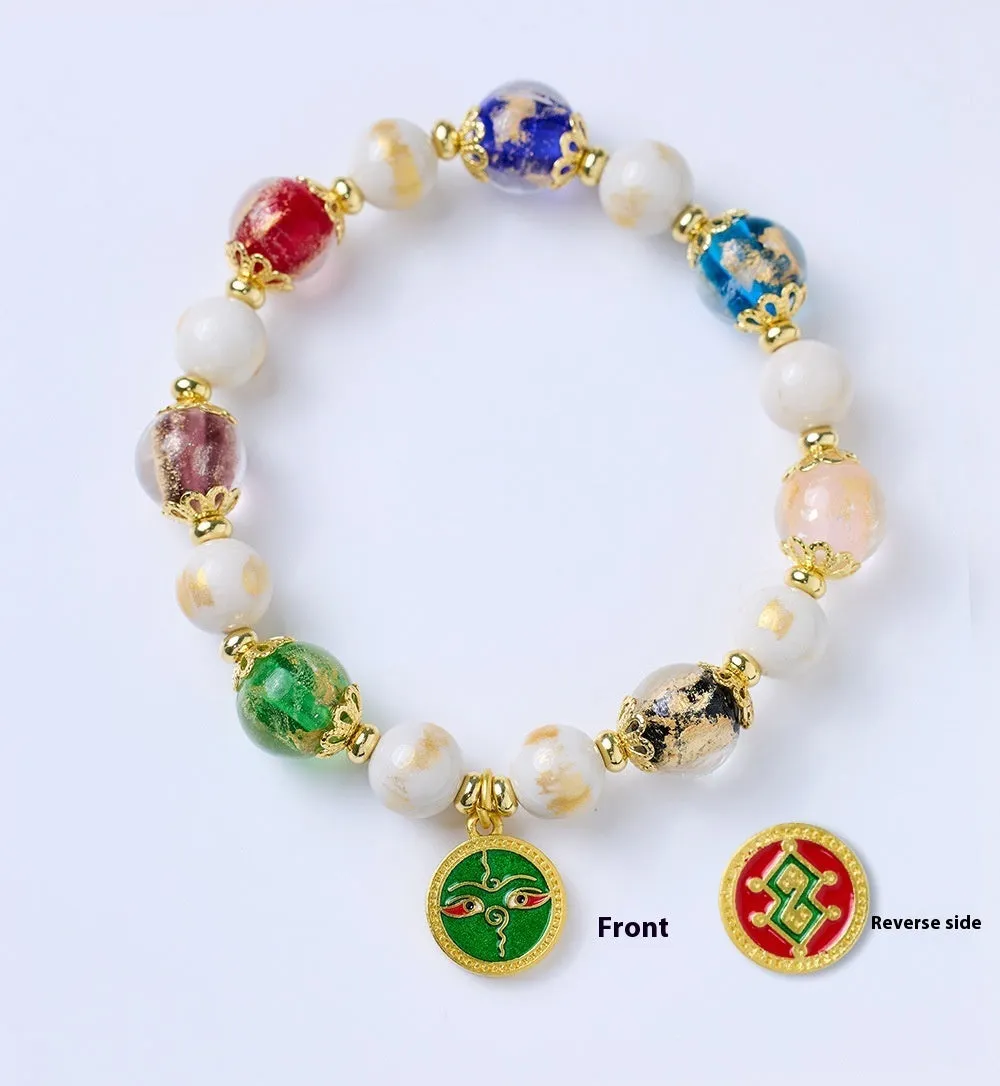 Handmade glazed bracelet with Five Gods of Wealth charm and 10mm geometric beads.