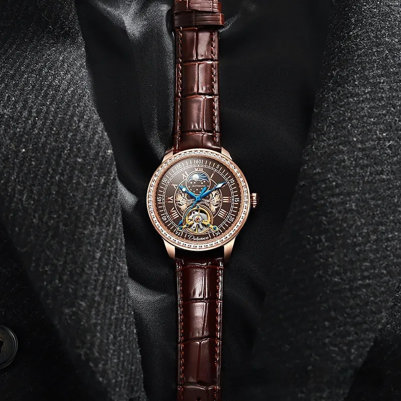 Men's stainless steel mechanical watch with a round dial, butterfly buckle, and transparent case back.