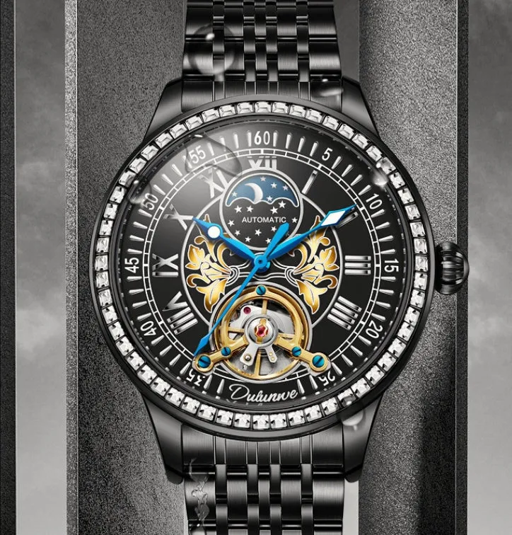 Men's stainless steel mechanical watch with a round dial, butterfly buckle, and transparent case back.