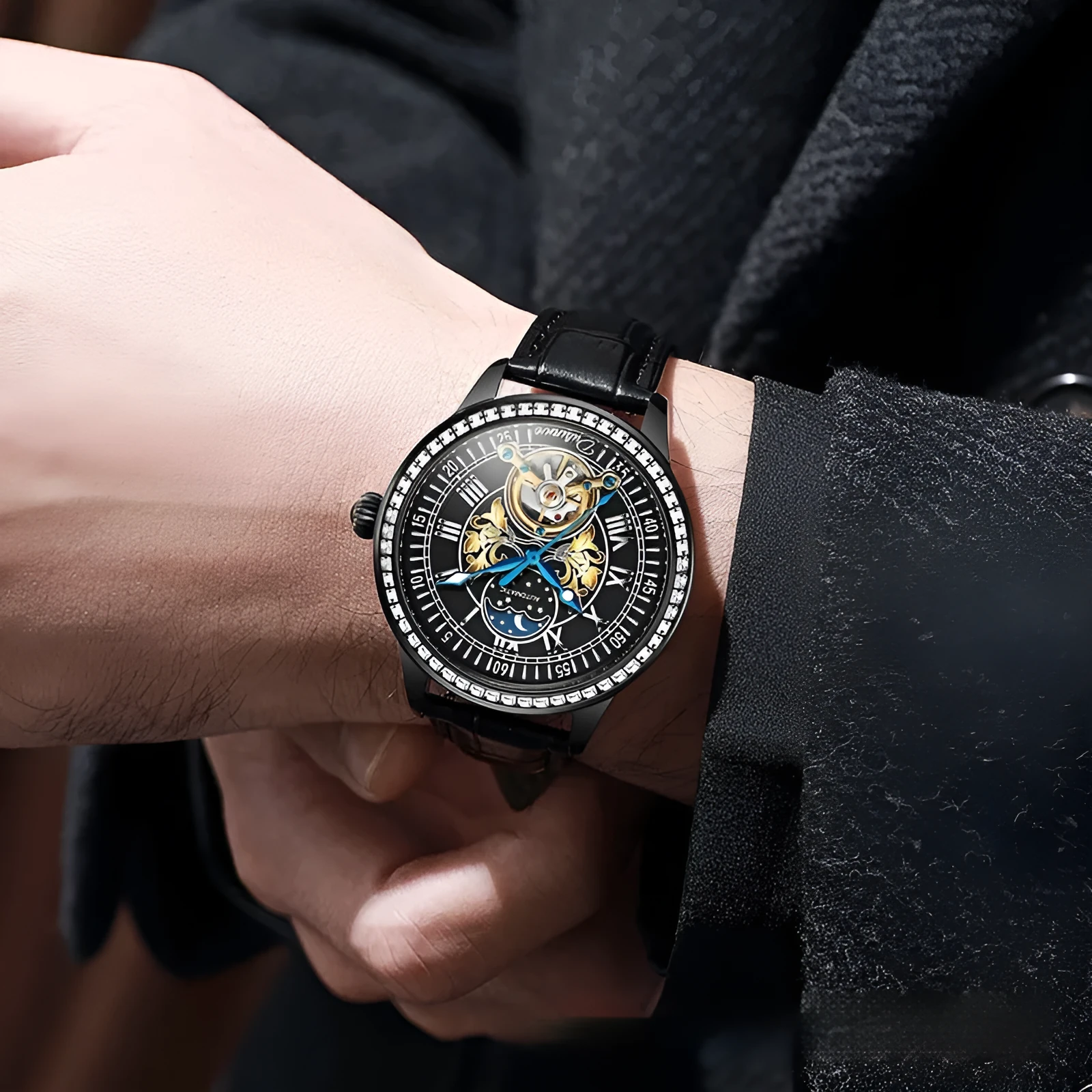 Men's stainless steel mechanical watch with a round dial, butterfly buckle, and transparent case back.
