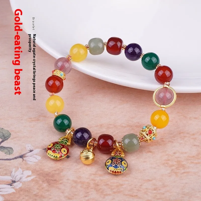 Hand-woven agate bracelet with swallowing gold beast charm and 10mm beads
