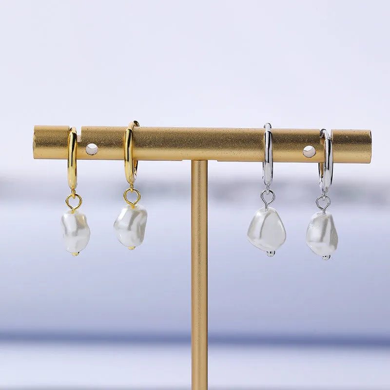 S925 sterling silver light luxury ball bead earrings with inlaid zircon, retro geometric style, gold imitation pearl colour