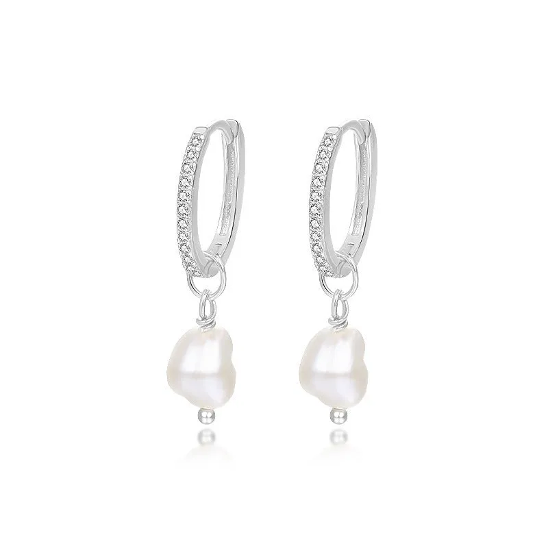 S925 sterling silver light luxury ball bead earrings with inlaid zircon, retro geometric style, gold imitation pearl colour