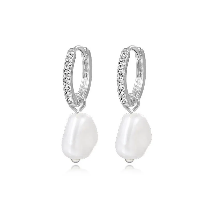 S925 sterling silver light luxury ball bead earrings with inlaid zircon, retro geometric style, gold imitation pearl colour