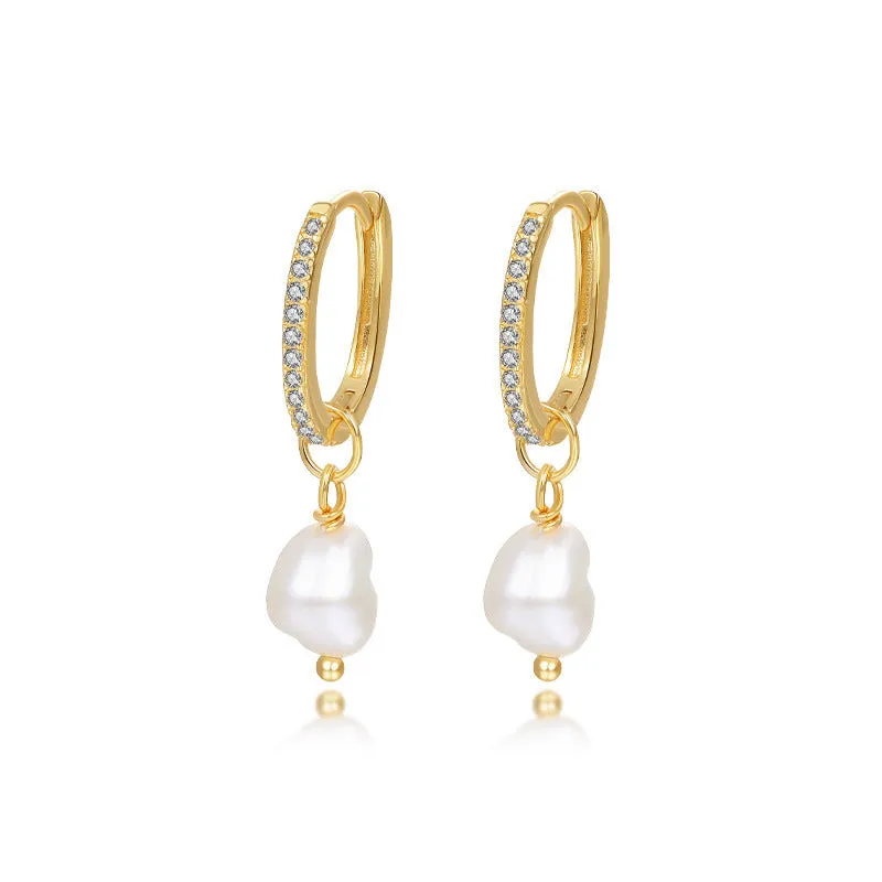 S925 sterling silver light luxury ball bead earrings with inlaid zircon, retro geometric style, gold imitation pearl colour