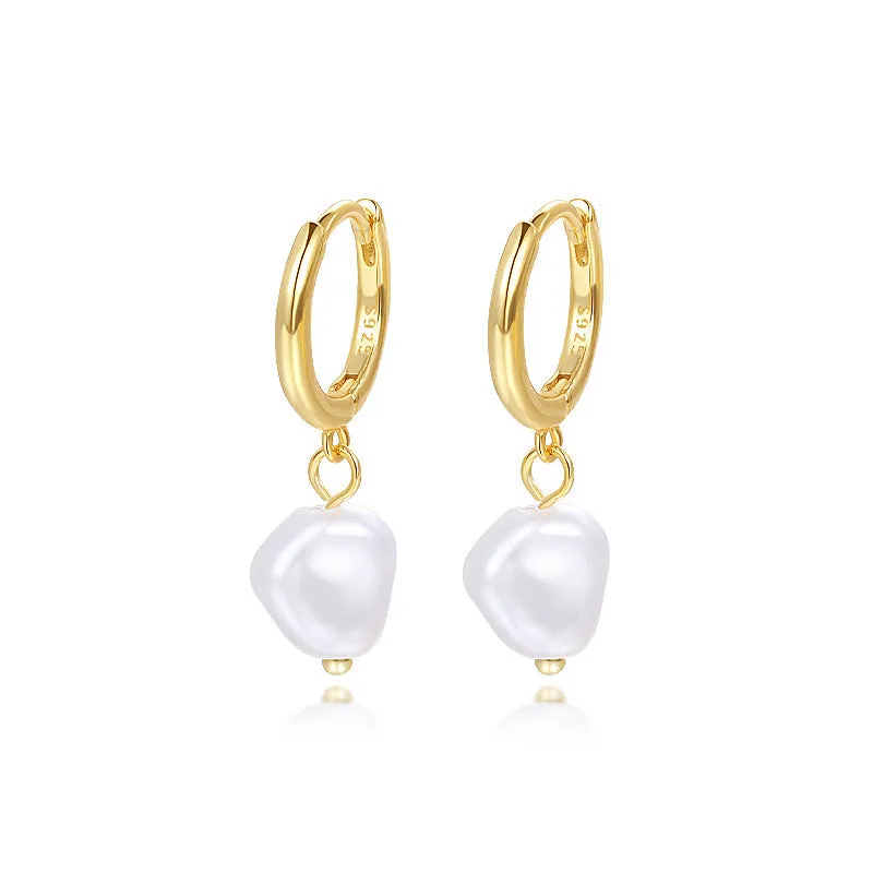 S925 sterling silver light luxury ball bead earrings with inlaid zircon, retro geometric style, gold imitation pearl colour