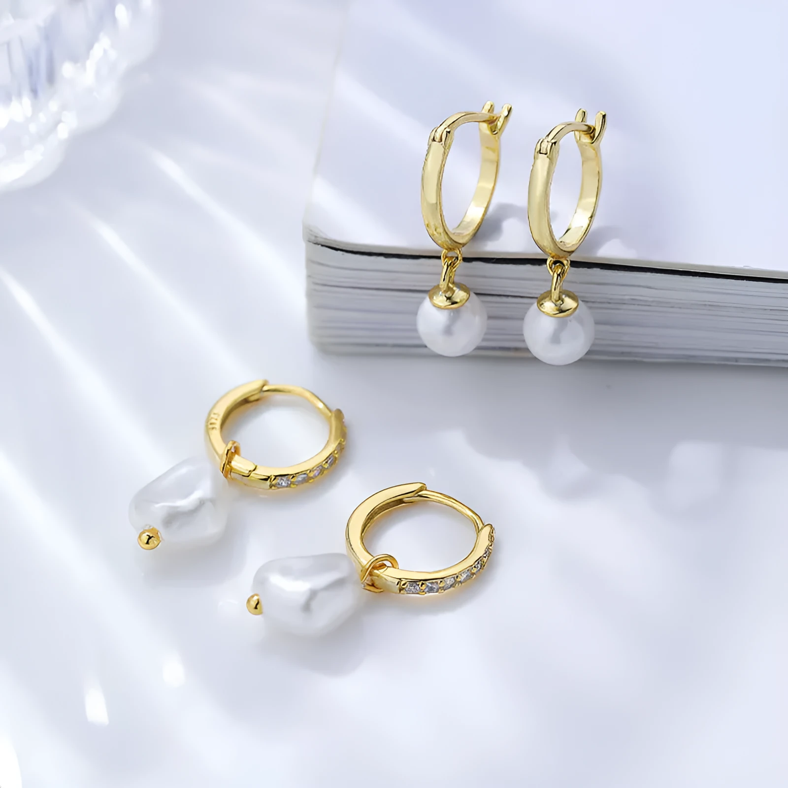 S925 sterling silver light luxury ball bead earrings with inlaid zircon, retro geometric style, gold imitation pearl colour