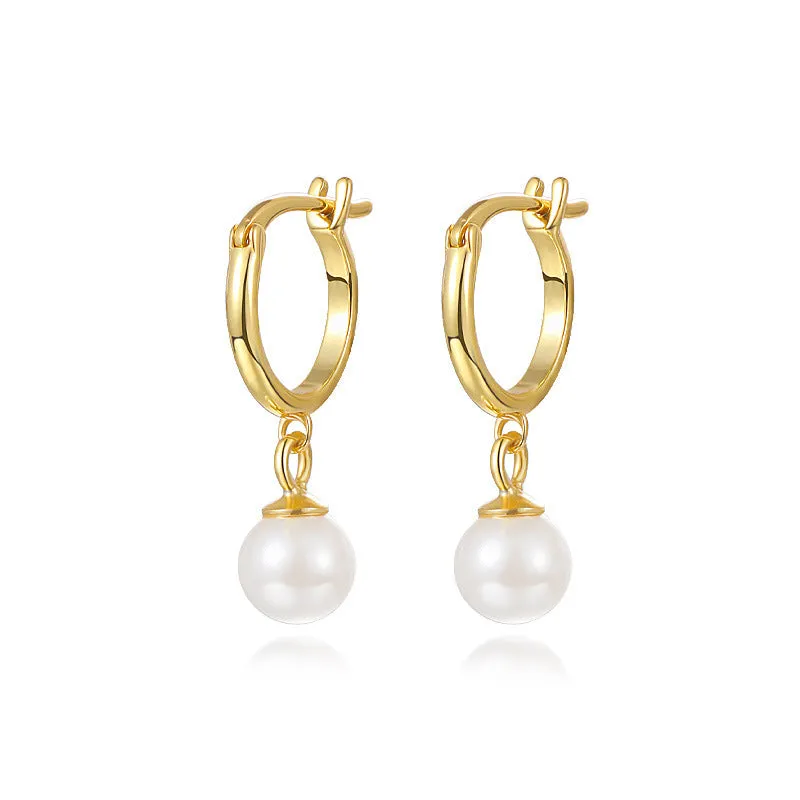 S925 sterling silver light luxury ball bead earrings with inlaid zircon, retro geometric style, gold imitation pearl colour