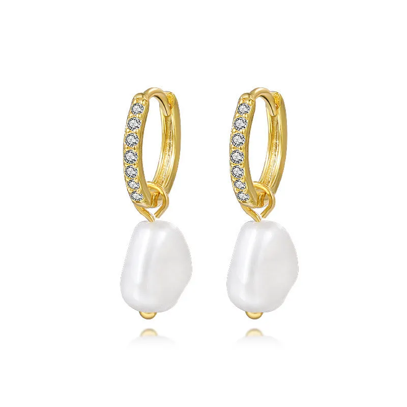 S925 sterling silver light luxury ball bead earrings with inlaid zircon, retro geometric style, gold imitation pearl colour