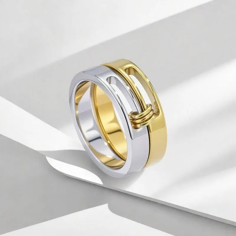 Gold electroplated double-layer twin ring on a finger, titanium steel construction, UK size options No 7 to No 9