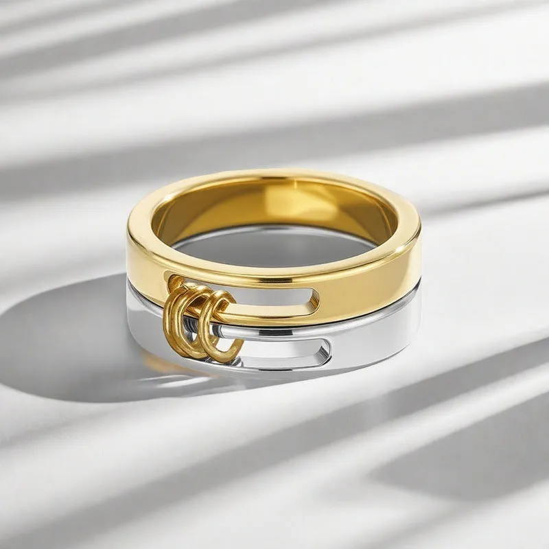 Gold electroplated double-layer twin ring on a finger, titanium steel construction, UK size options No 7 to No 9
