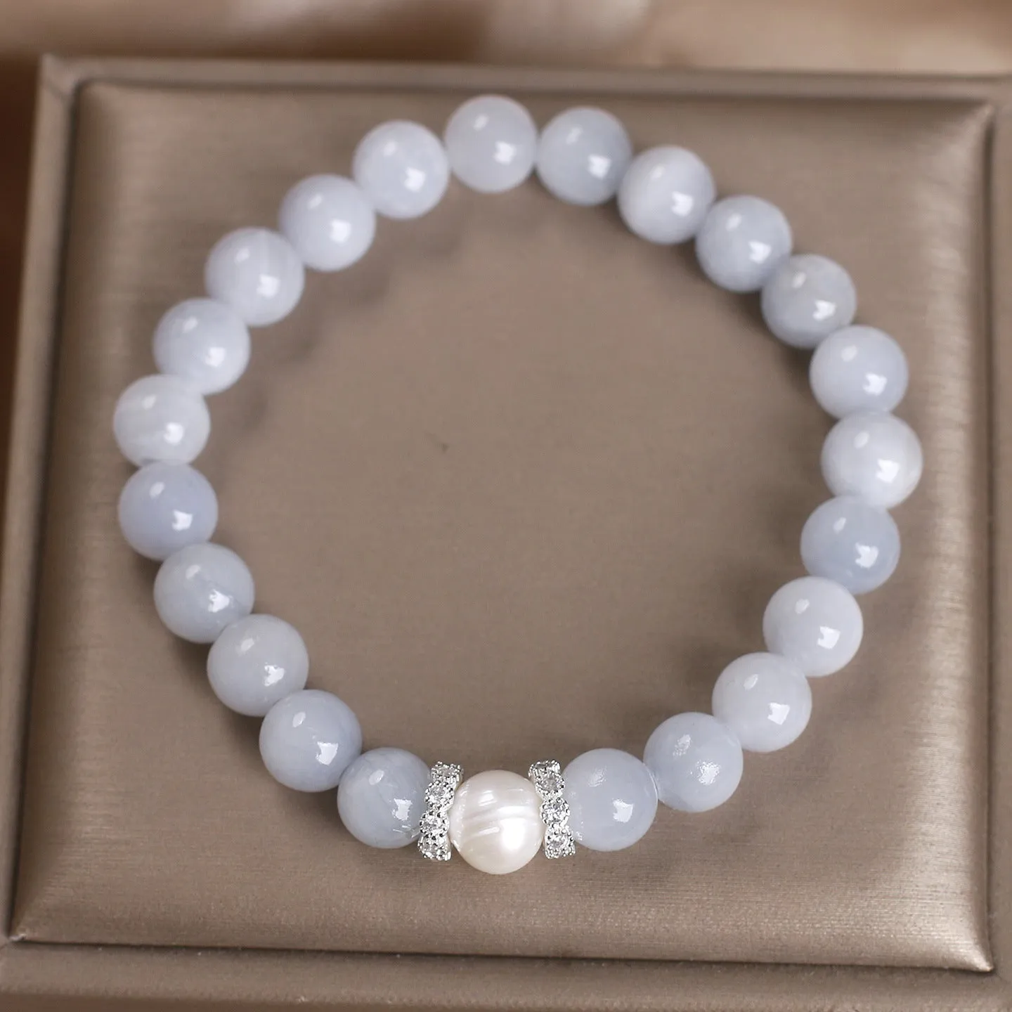 Natural aquamarine bracelet with white sweet clear beads and navy blue pearl accents, handcrafted national style for women