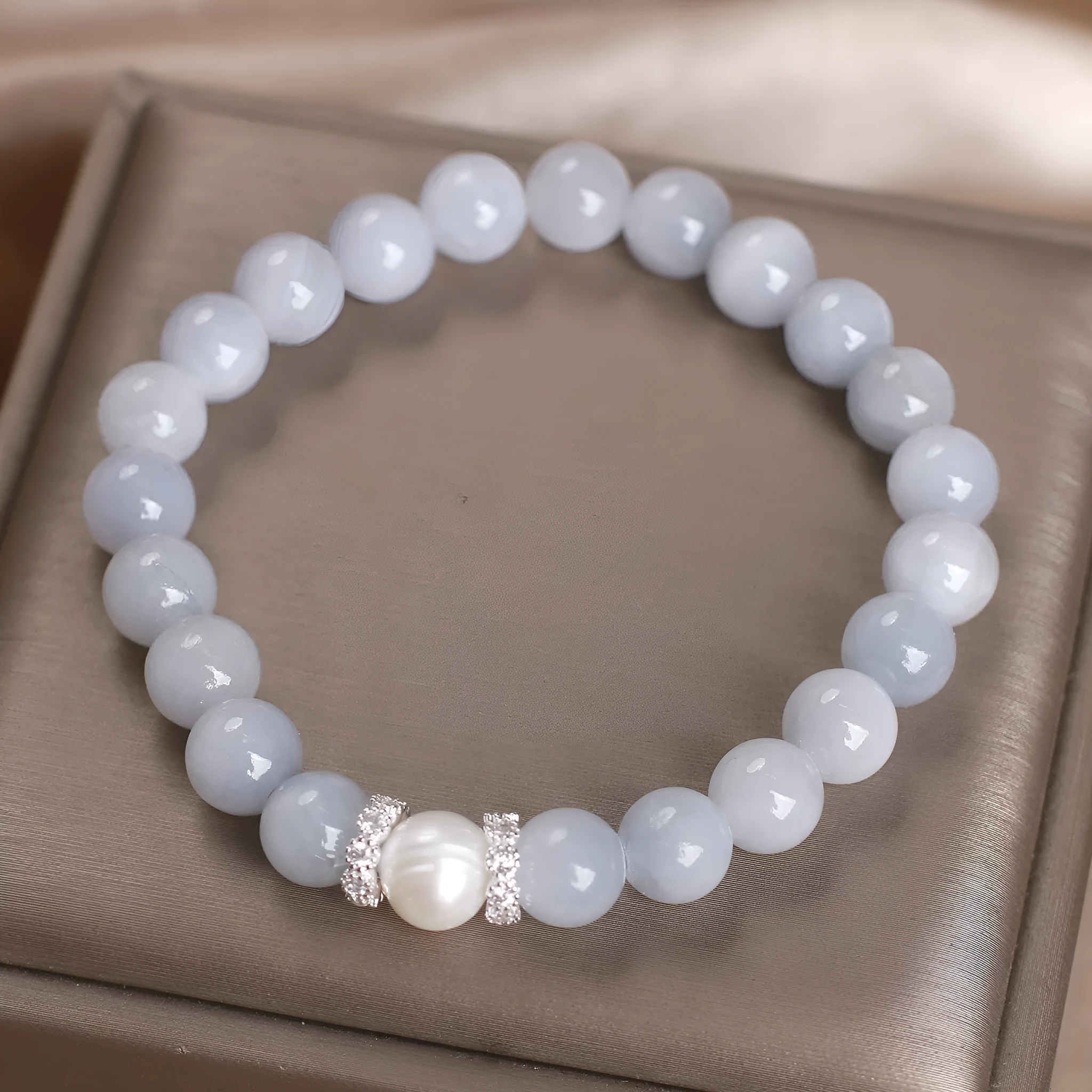 Natural aquamarine bracelet with white sweet clear beads and navy blue pearl accents, handcrafted national style for women