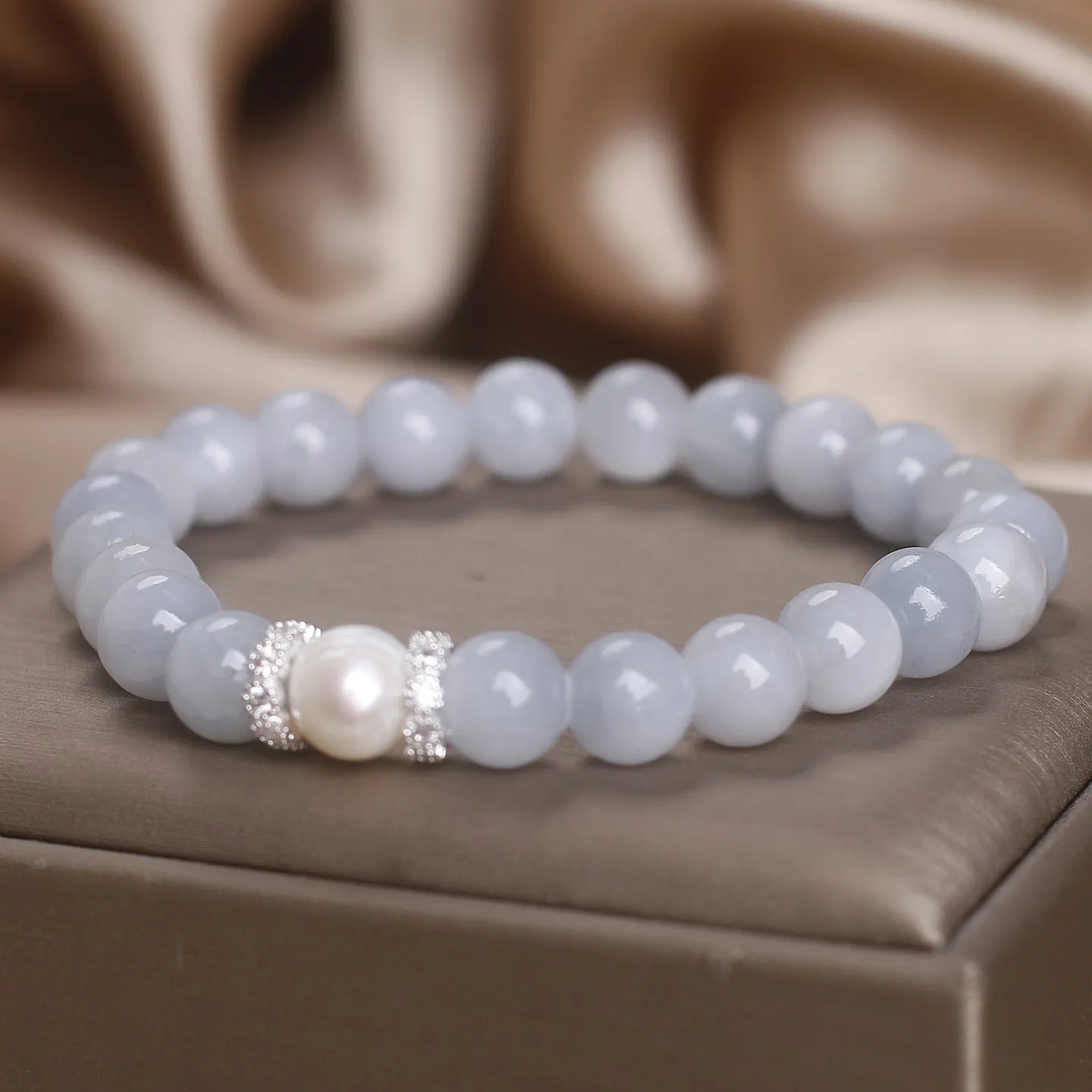Natural aquamarine bracelet with white sweet clear beads and navy blue pearl accents, handcrafted national style for women