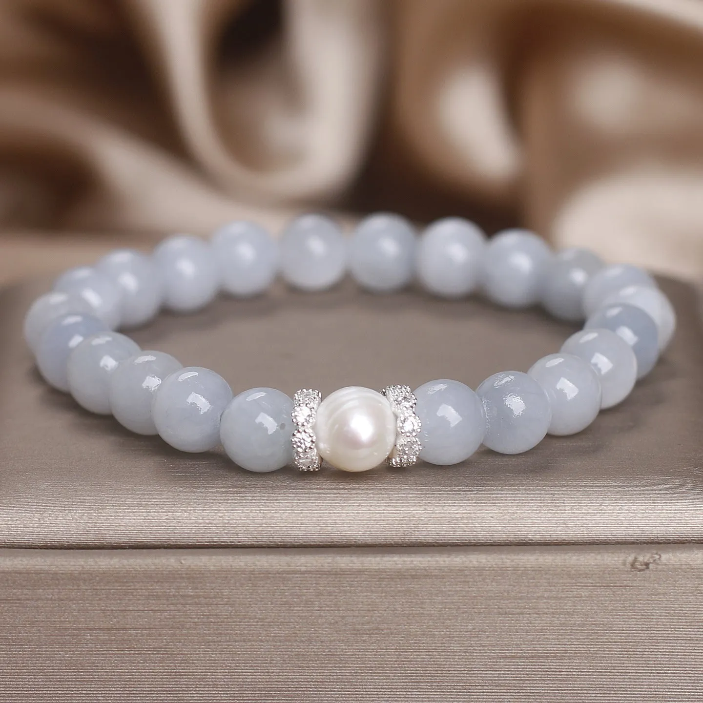 Natural aquamarine bracelet with white sweet clear beads and navy blue pearl accents, handcrafted national style for women
