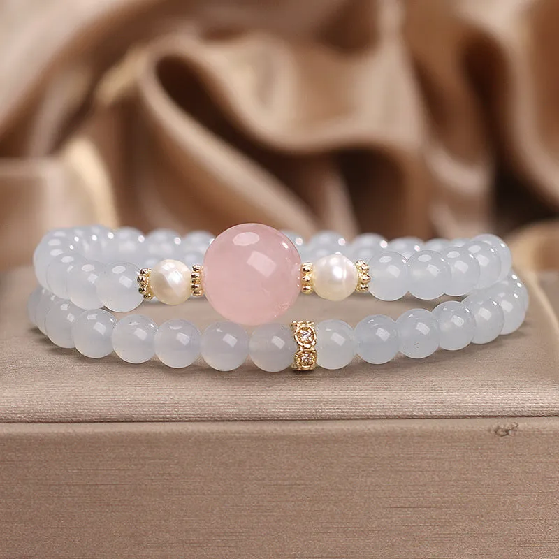Natural aquamarine double ring bracelet polished finish light luxury minority style women